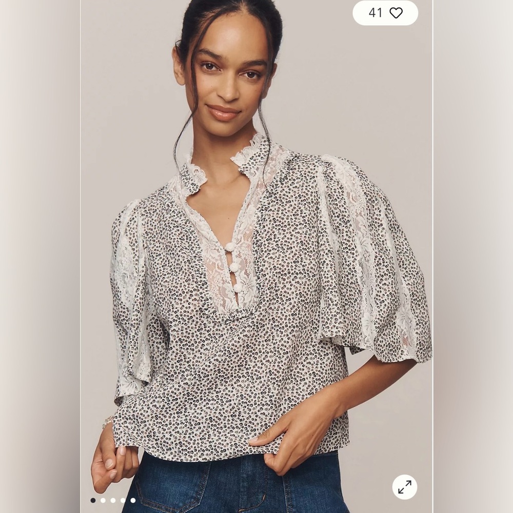 Anthropologie Cape Sleeve Lace Trim Blouse in Neutral Size L. NWT